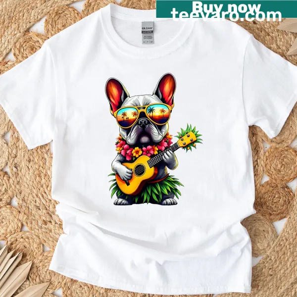 Hawaiian-themed T-shirt with a French Bulldog and ukulele.