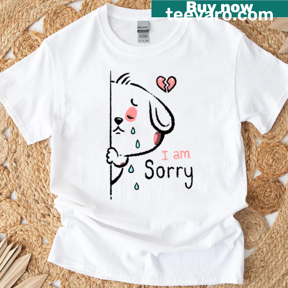 Cute chubby cartoon bunny rabbit with 'I Am Sorry' text — on a men's t-shirt