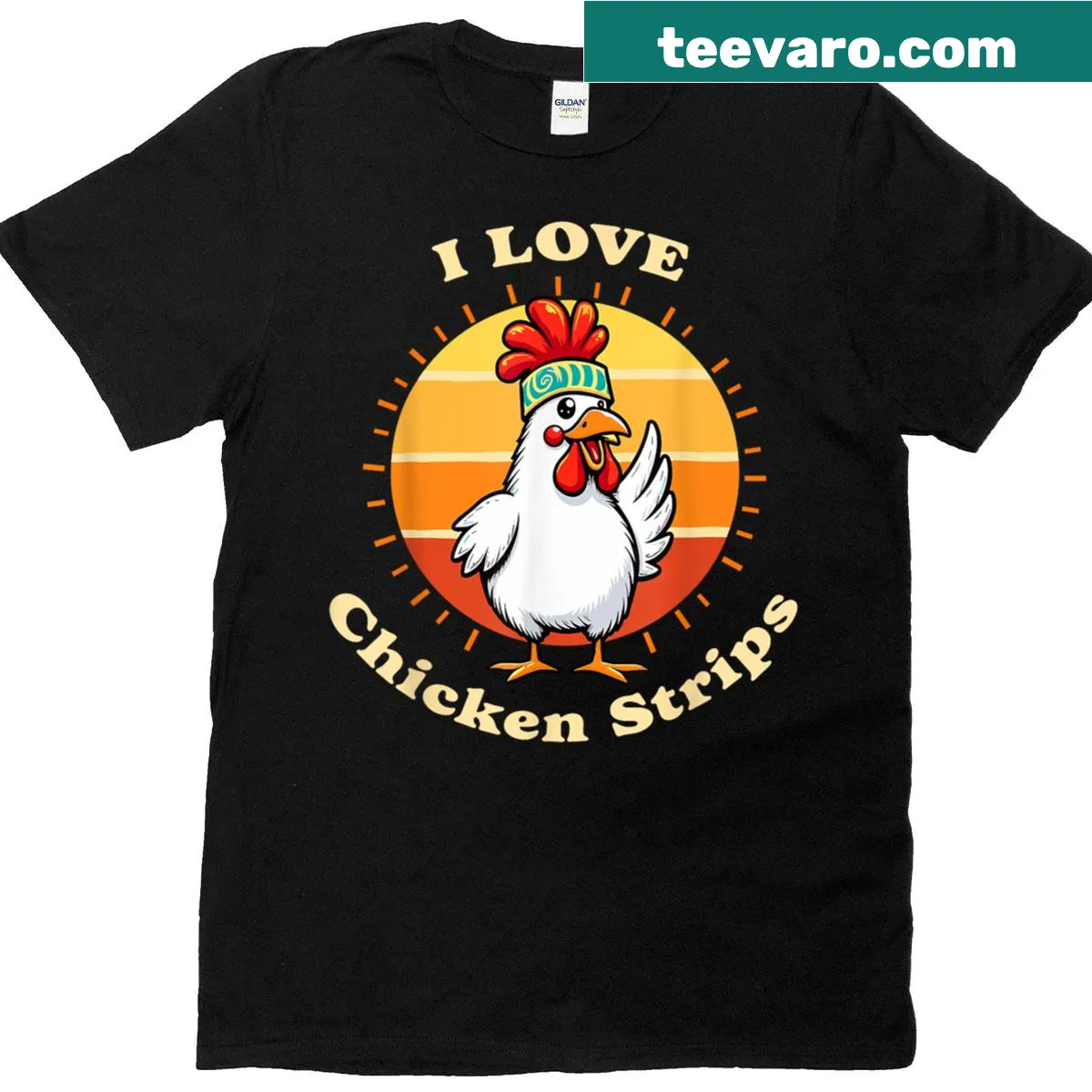 Funny t-shirt with a cartoon chicken strip and text — on a men's t-shirt