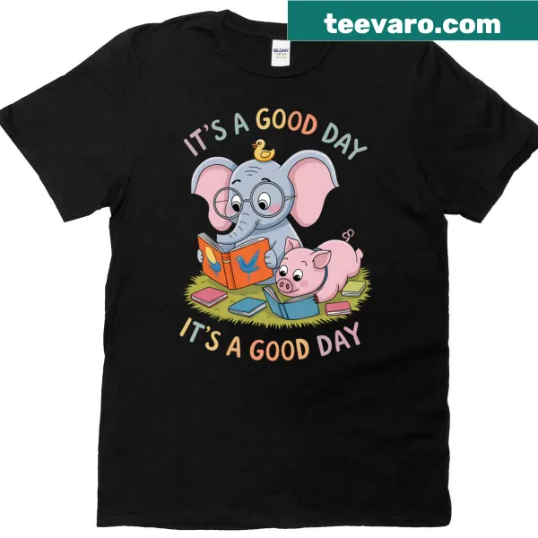 Cute illustration of a pig and elephant on a book adventure t-shirt