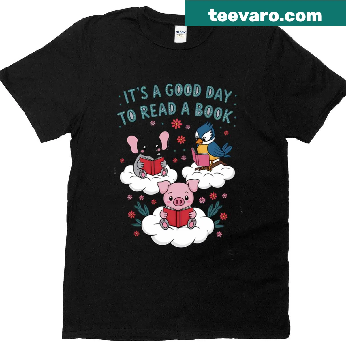Charming tee featuring an elephant, pig, and bird reading — on a men's t-shirt