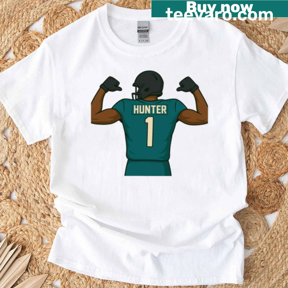 Illustrative T-shirt featuring a Jacksonville football player — on a men's t-shirt