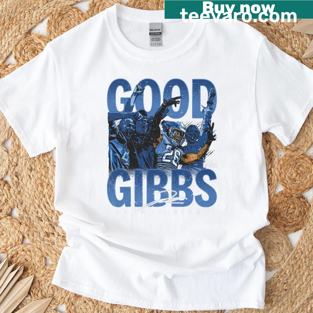 Crowd celebration graphic on Jahmyr Gibbs Detroit T-shirt — on a men's t-shirt