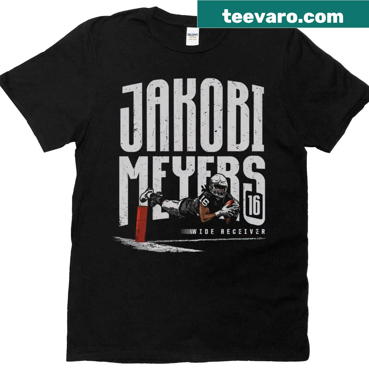 T-shirt honoring Jakobi Meyers with diving graphic — on a men's t-shirt