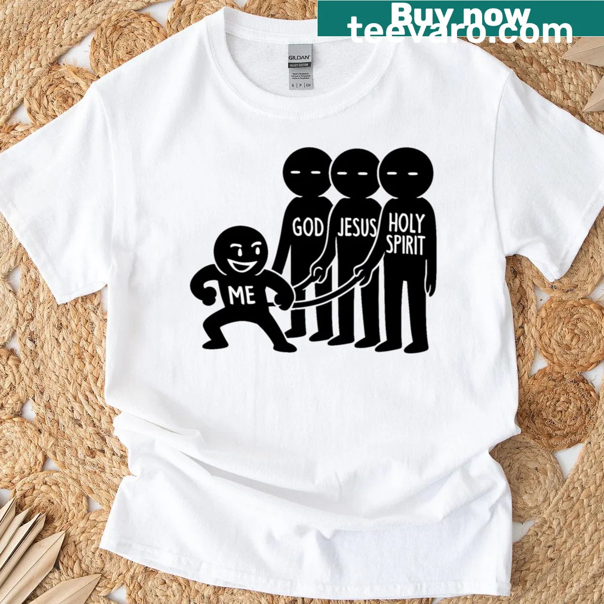 T-shirt with the words Jesus, God, and Holy Spirit arranged artistically. — on a men's t-shirt