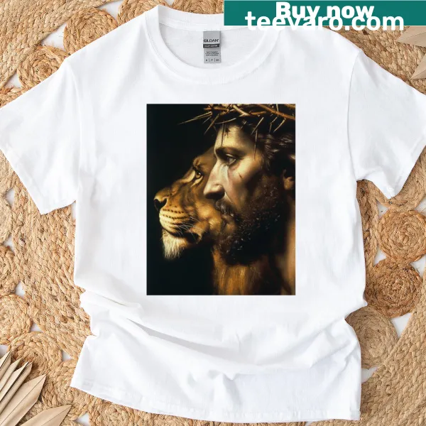 Illustration of Jesus as a lion on a T-shirt.