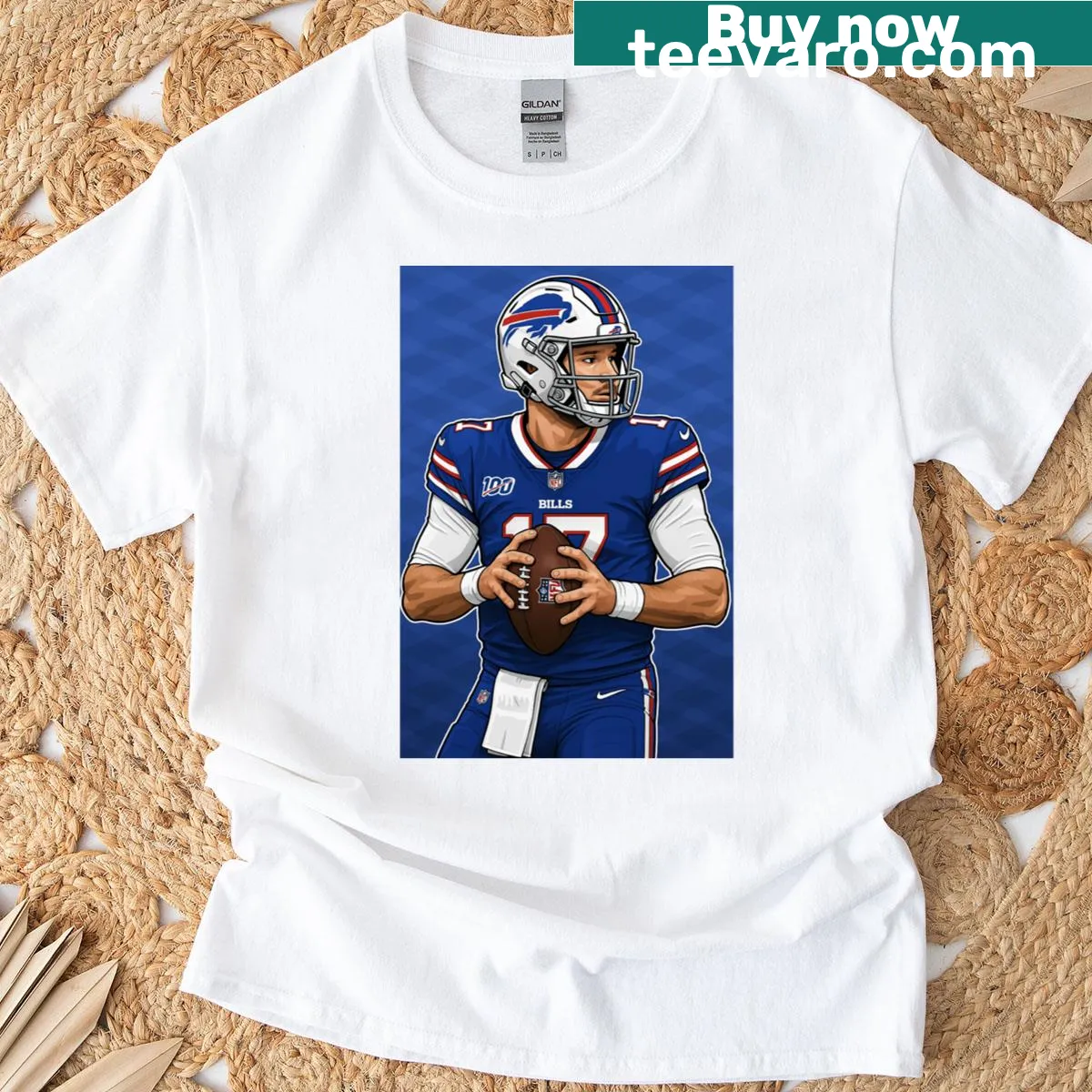 Illustrated Josh Allen fan art T-shirt featuring a quarterback in action — on a men's t-shirt