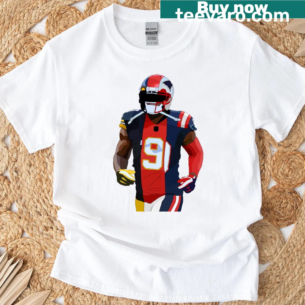 Graphic blending Patriots, Chiefs, and Steelers on T-shirt — on a men's t-shirt