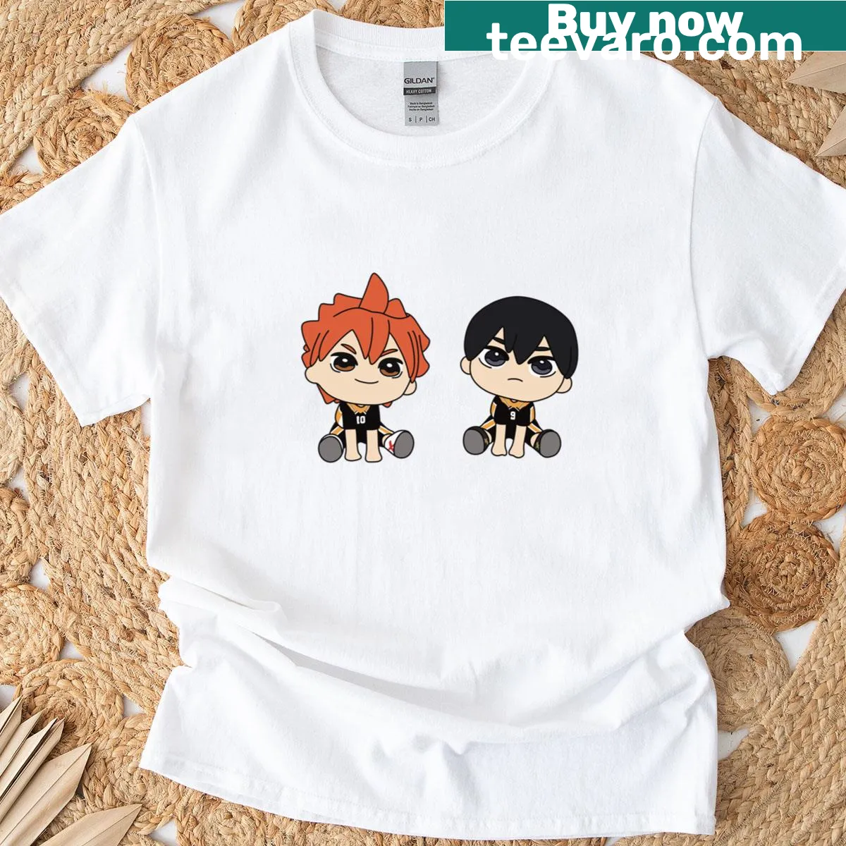 Chibi-style T-shirt featuring characters from Kagehina. — on a men's t-shirt