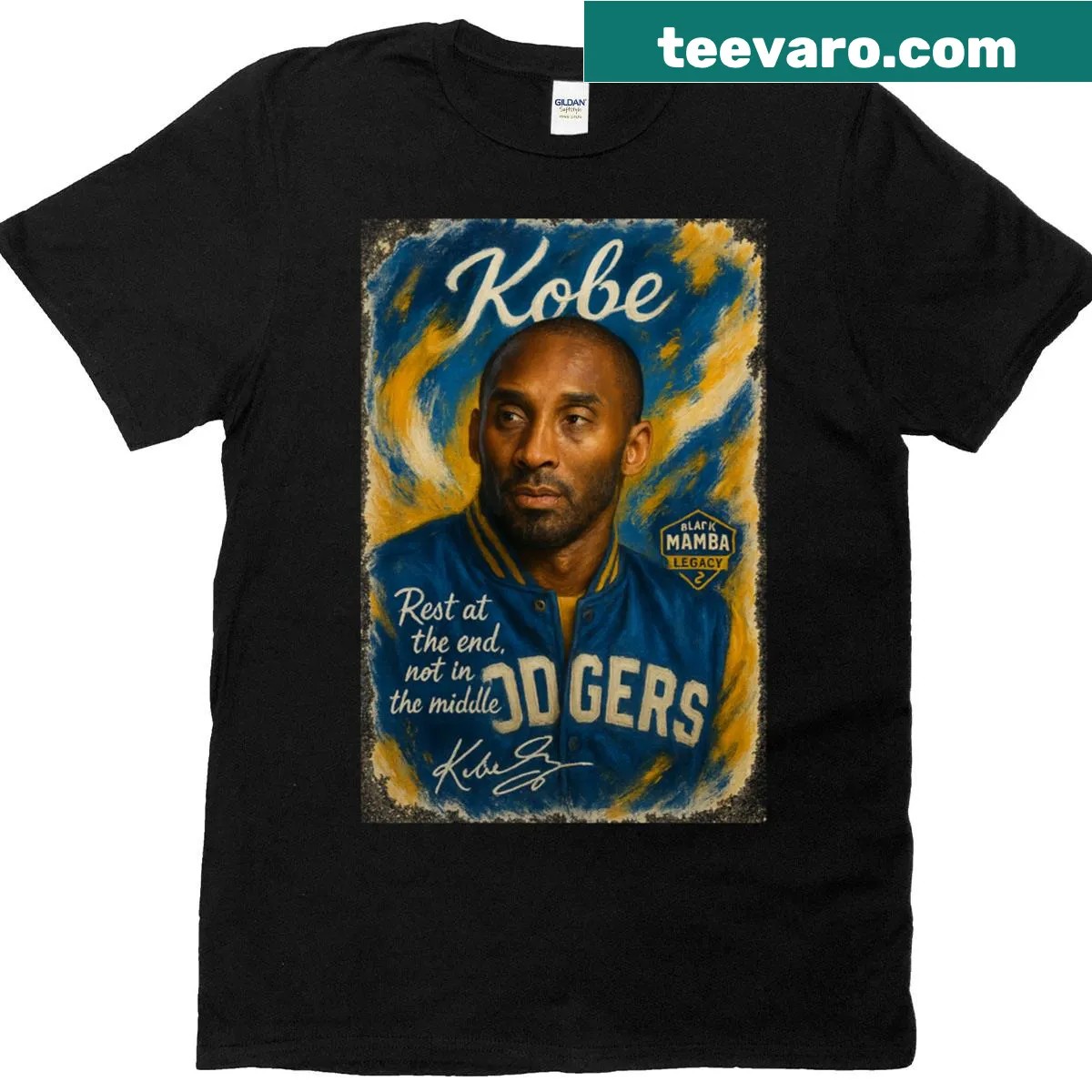 Oversized Black Mamba T-shirt with motivational quote and Dodgers design. — on a men's t-shirt