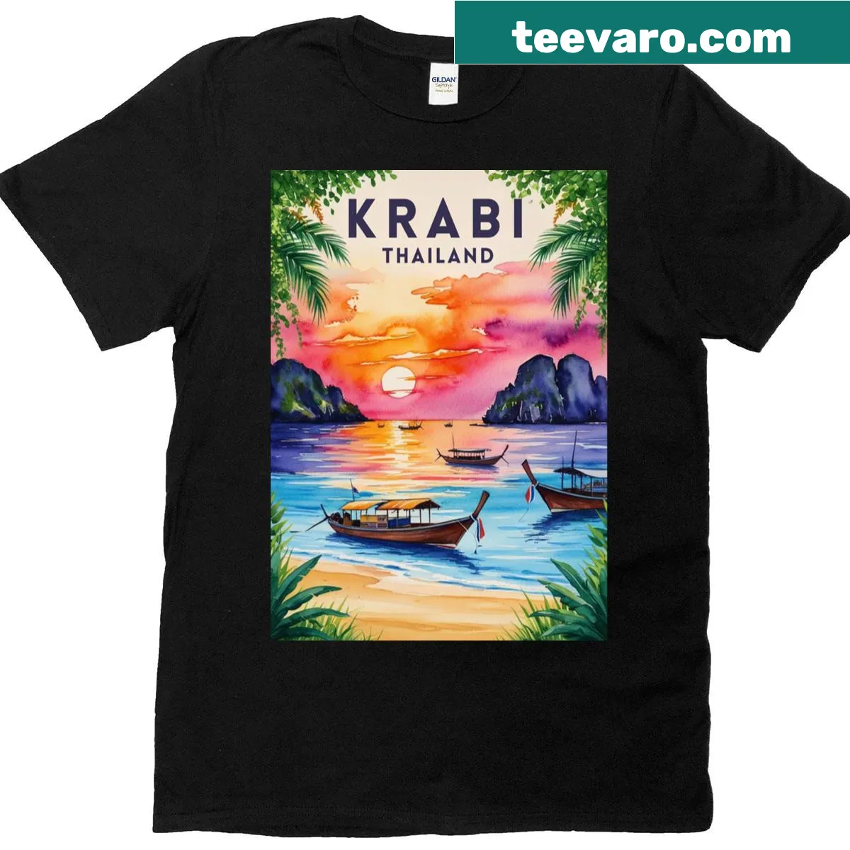 Oversized T-shirt with vintage poster design of Krabi, Thailand — on a men's t-shirt