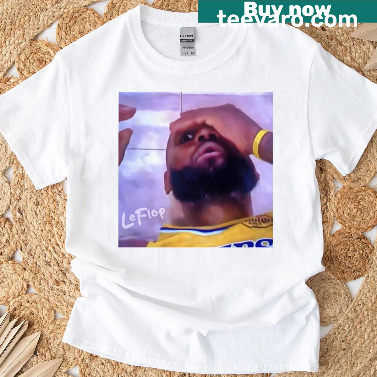 Lebron James Leflop T-shirt with humorous oil painting design — on a men's t-shirt