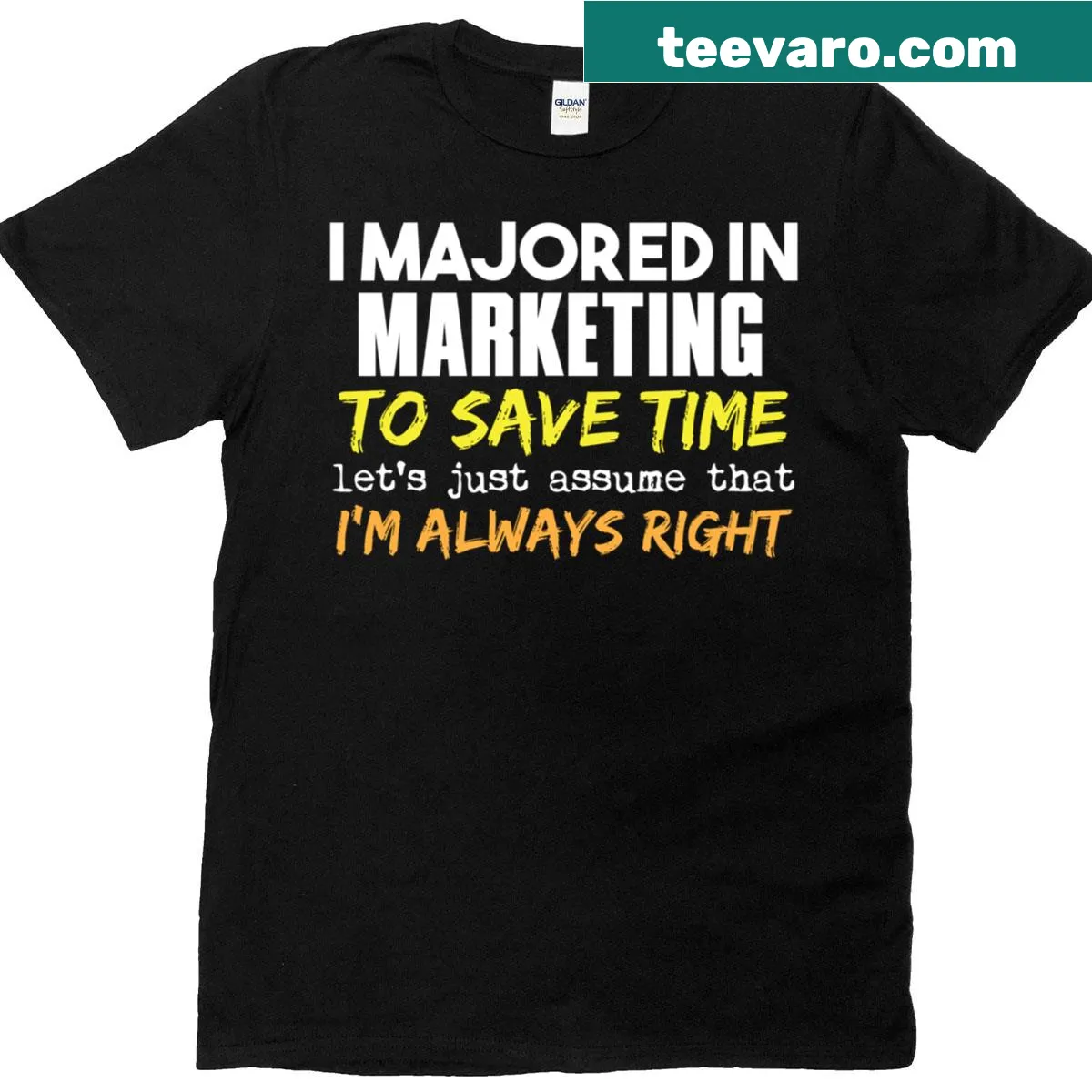 Fun t-shirt for marketing majors featuring a playful slogan for school. — on a men's t-shirt