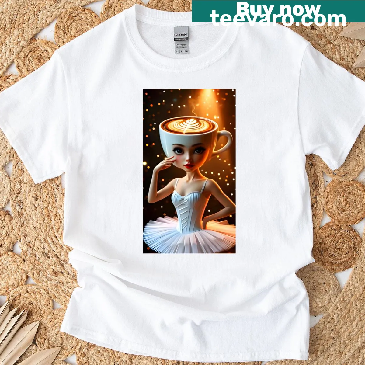 Whimsical ballerina illustration on T-shirt with coffee themes — on a men's t-shirt