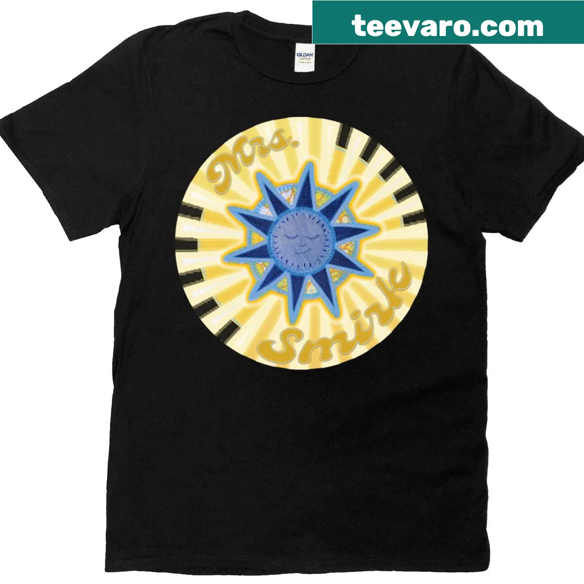 Humorous Mrs. Smirk T-shirt with sun graphic — on a men's t-shirt