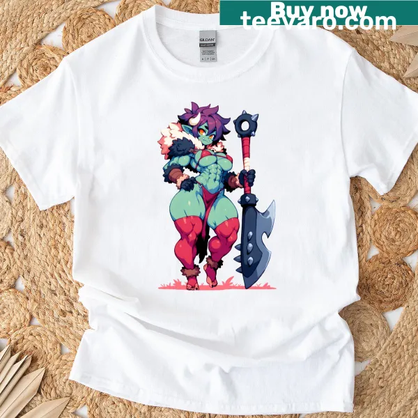 Illustration of a muscular orc girl warrior with battle axe