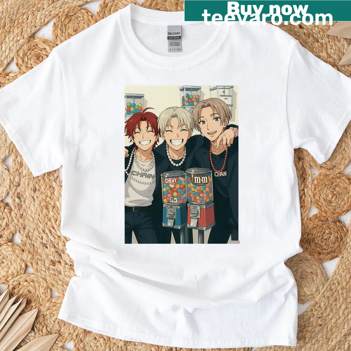 P1harmony group photo t-shirt featuring anime style characters — on a men's t-shirt