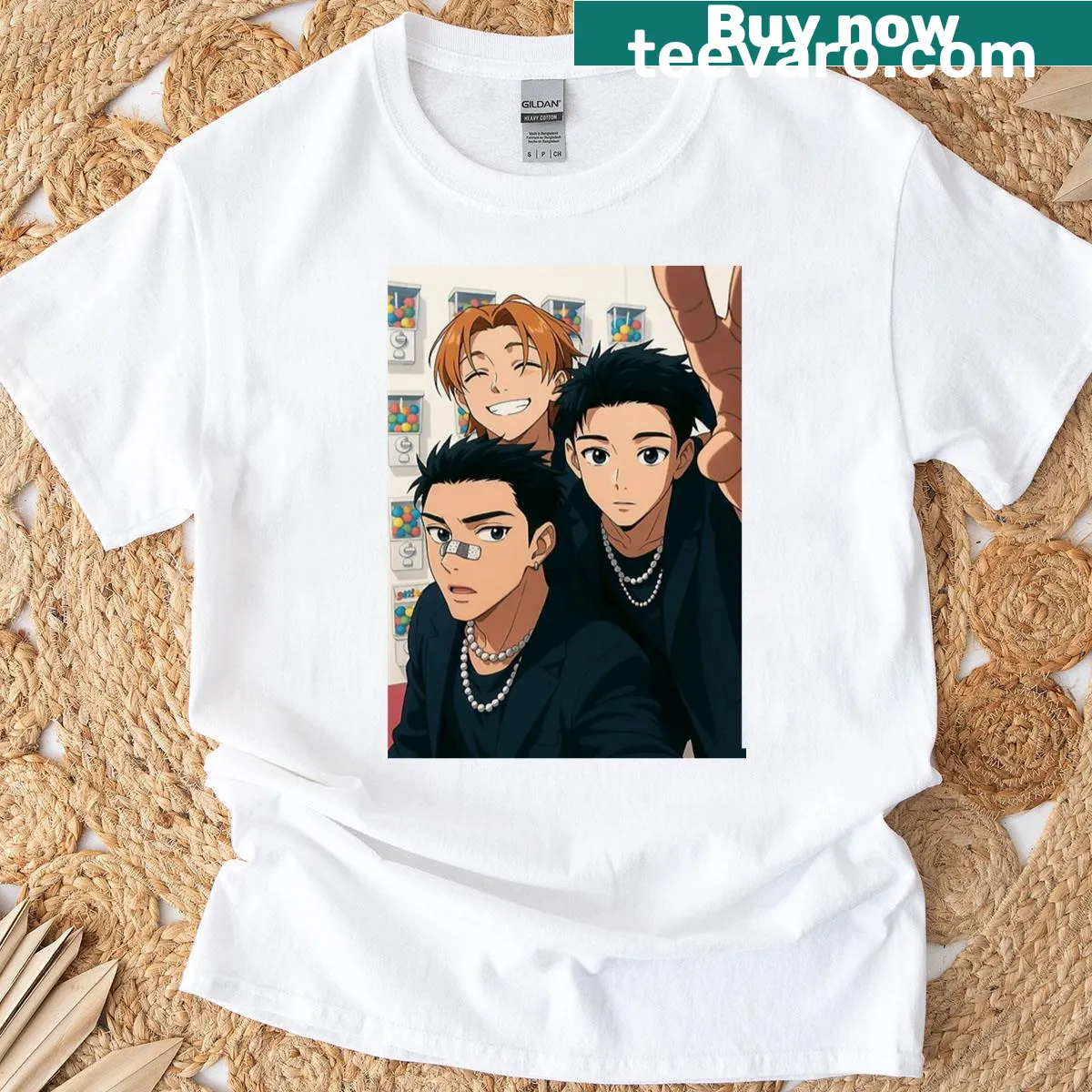 Anime-style character group photo t-shirt — on a men's t-shirt