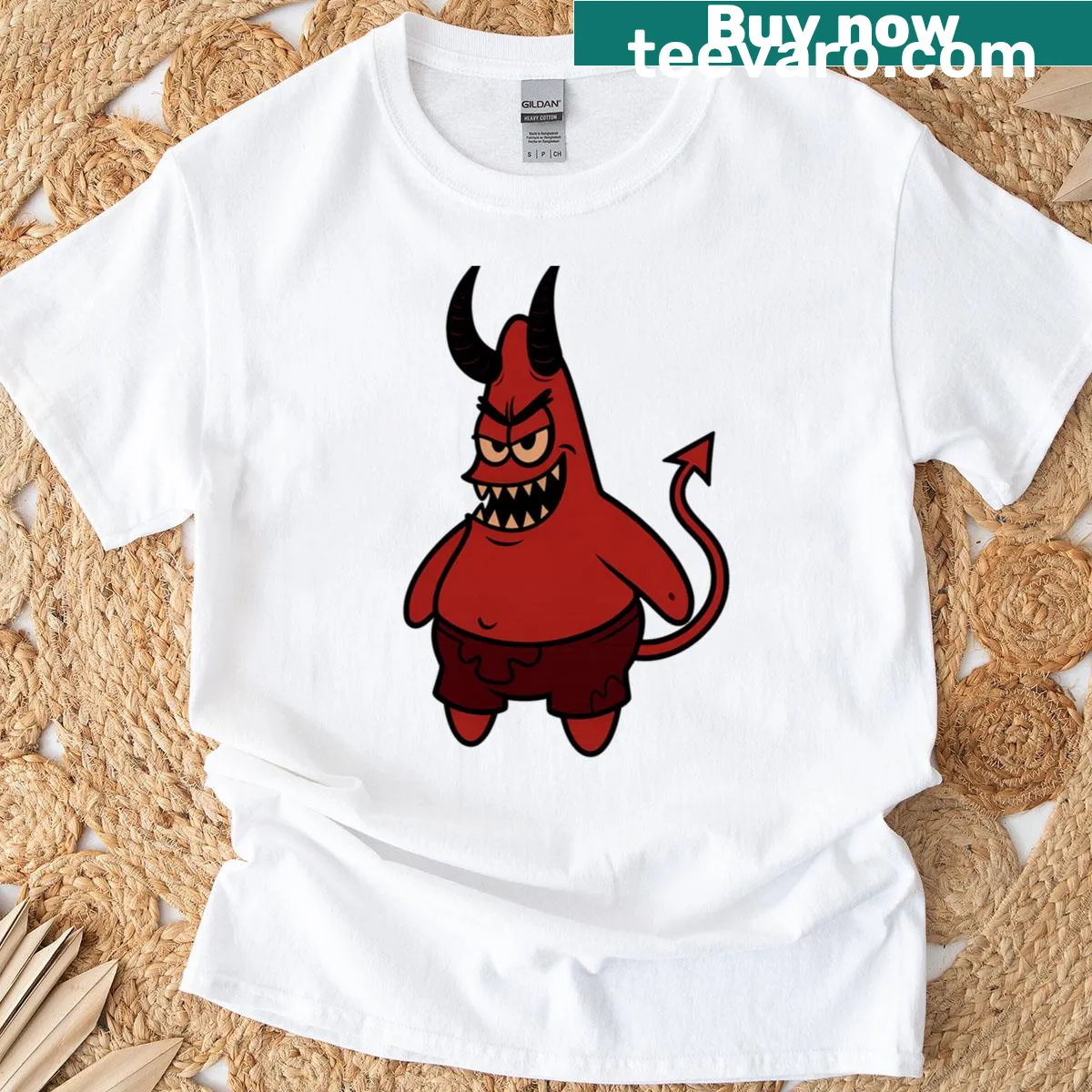 Cartoon evil Patrick Star T-shirt featuring a playful villain design — on a men's t-shirt