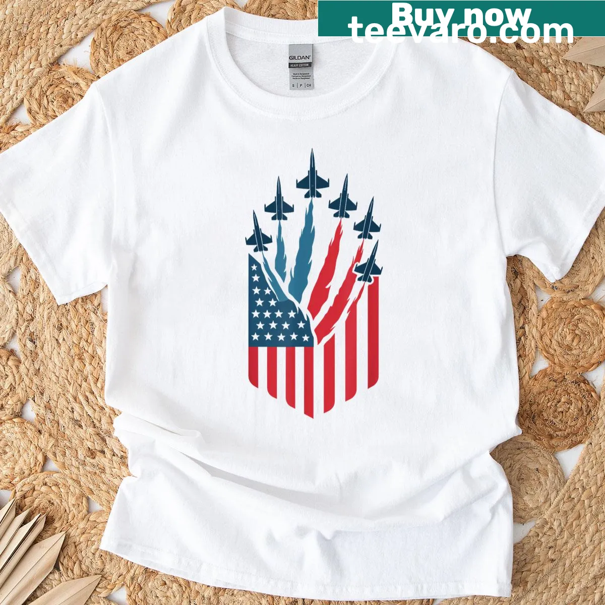 Illustrated USA flag and fighter jets T-shirt for Fourth of July festivities — on a men's t-shirt