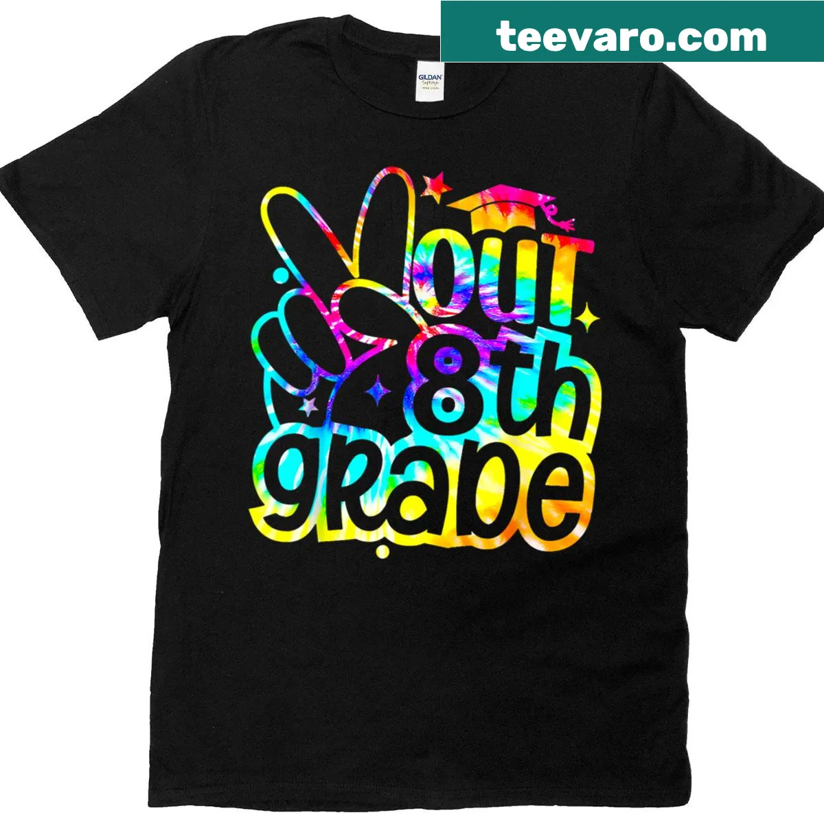 Tie dye graduation t-shirt with 'Peace Out' text for 8th graders — on a men's t-shirt