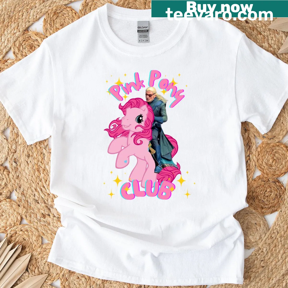 Whimsical illustration of Aemond from Pink Pony Club on T-shirt — on a men's t-shirt