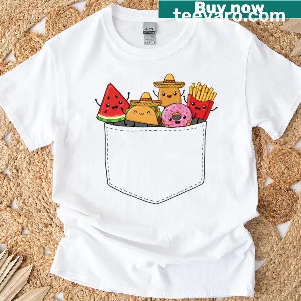 Kawaii food friends graphic on T-shirt with a pocket design