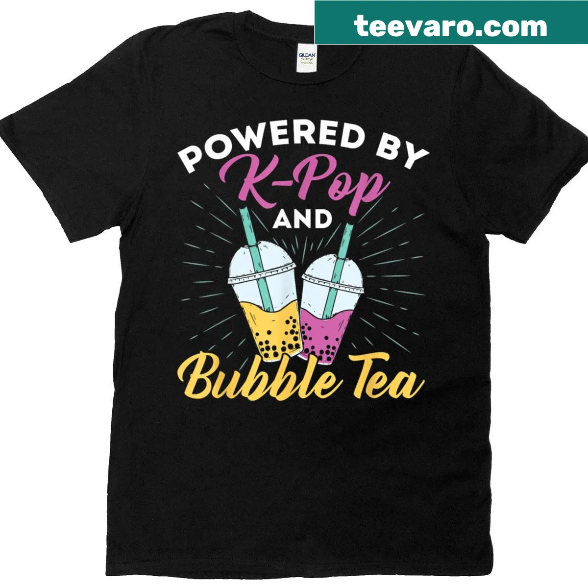 Korean music-themed T-shirt with K-pop and bubble tea text — on a men's t-shirt