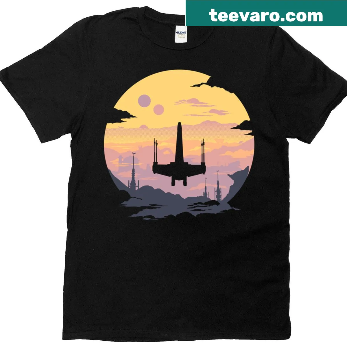 Silhouette of a fighter against a sunset on T-shirt — on a men's t-shirt