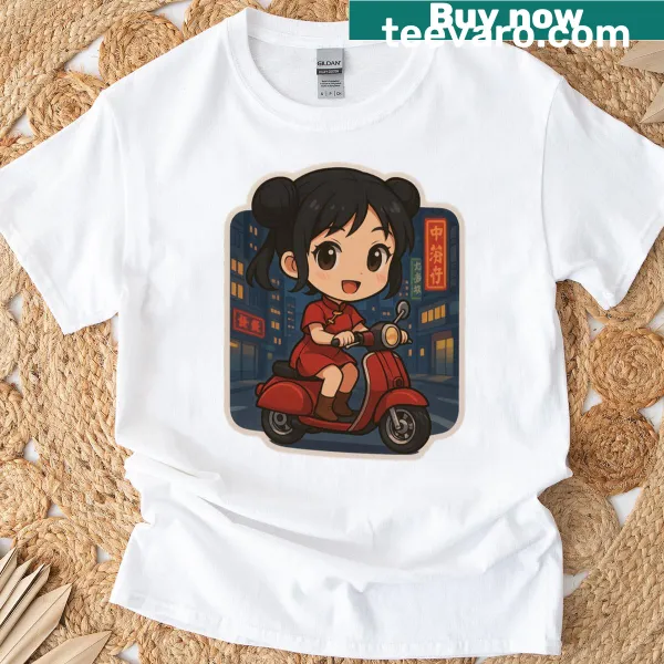 Whimsical illustration of a girl in a red riding cloak on T-shirt