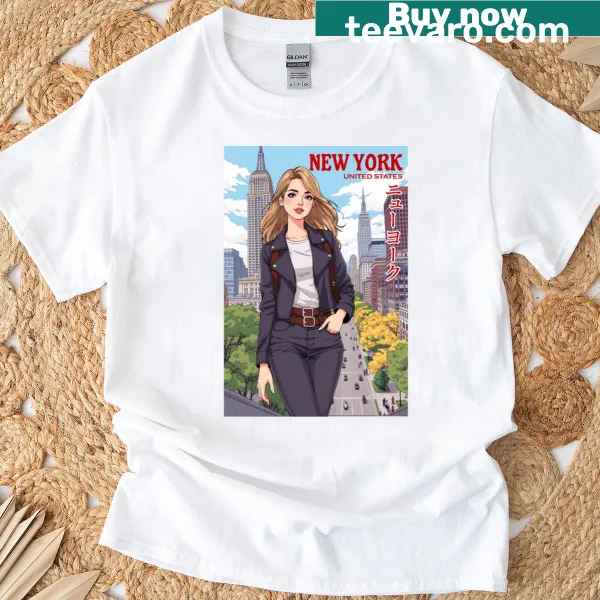 90s anime inspired T-shirt featuring a girl in New York