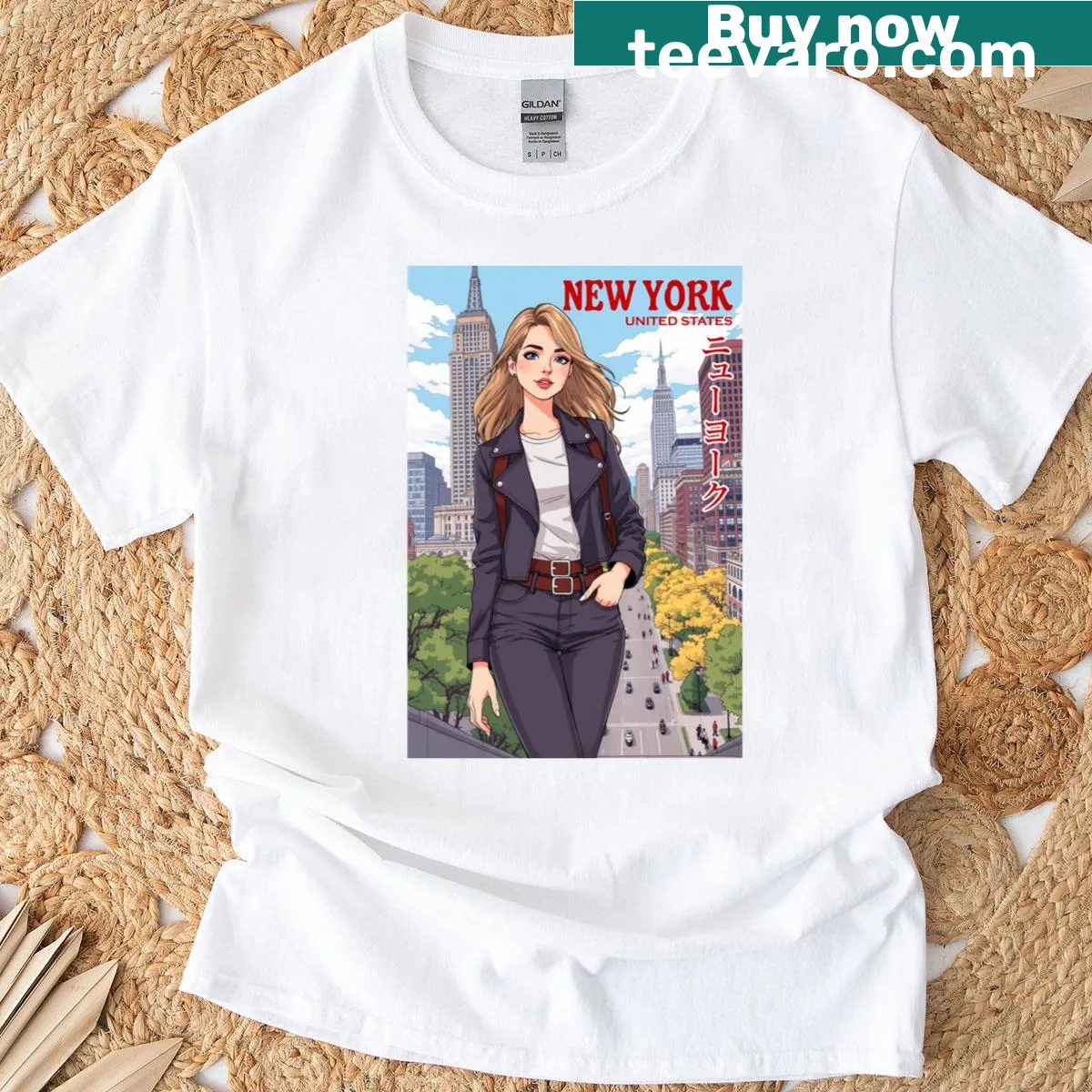 90s anime inspired T-shirt featuring a girl in New York — on a men's t-shirt
