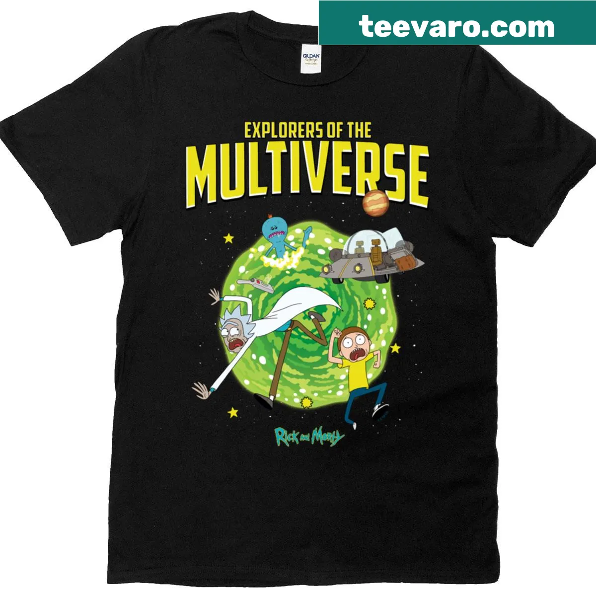 Illustrated T-shirt featuring Rick and Morty multiverse adventure scenes — on a men's t-shirt