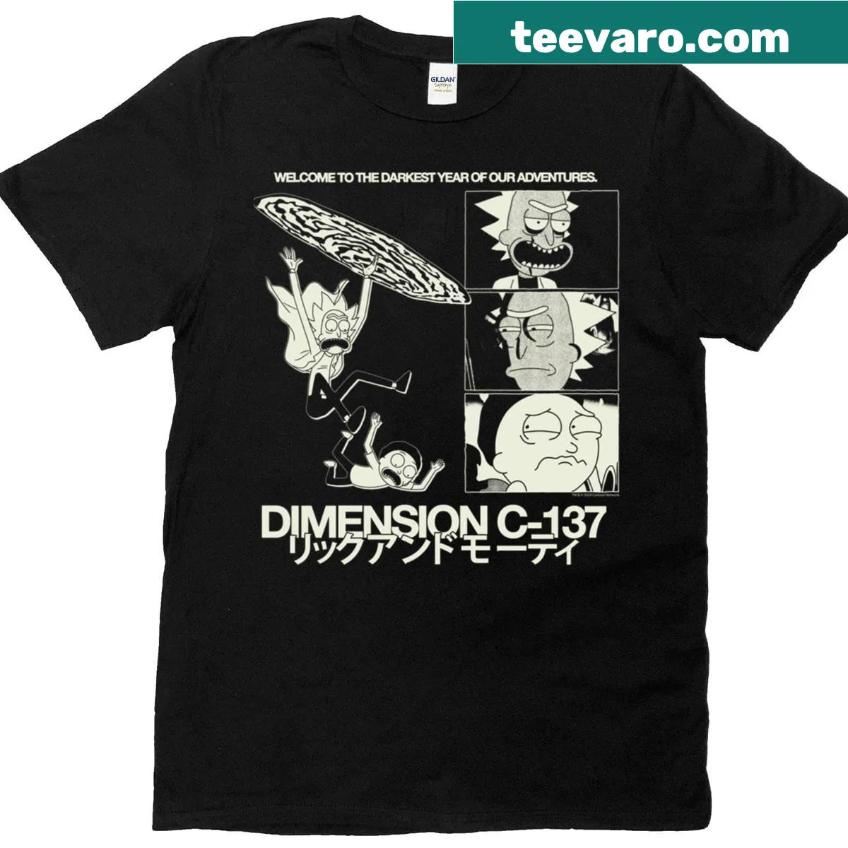 Comic design T-shirt featuring Rick and Morty characters — on a men's t-shirt