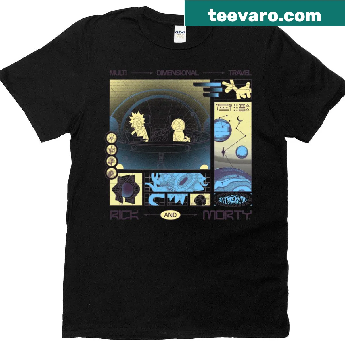 T-shirt illustrating Rick and Morty multi-dimensional travel concept — on a men's t-shirt