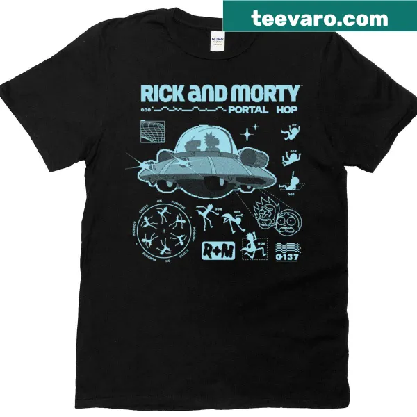 T-shirt featuring Rick and Morty's spaceship and alien portal design