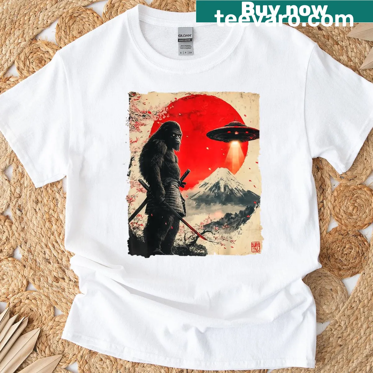 Ukiyo-e style graphic of Samurai Bigfoot and UFO — on a men's t-shirt