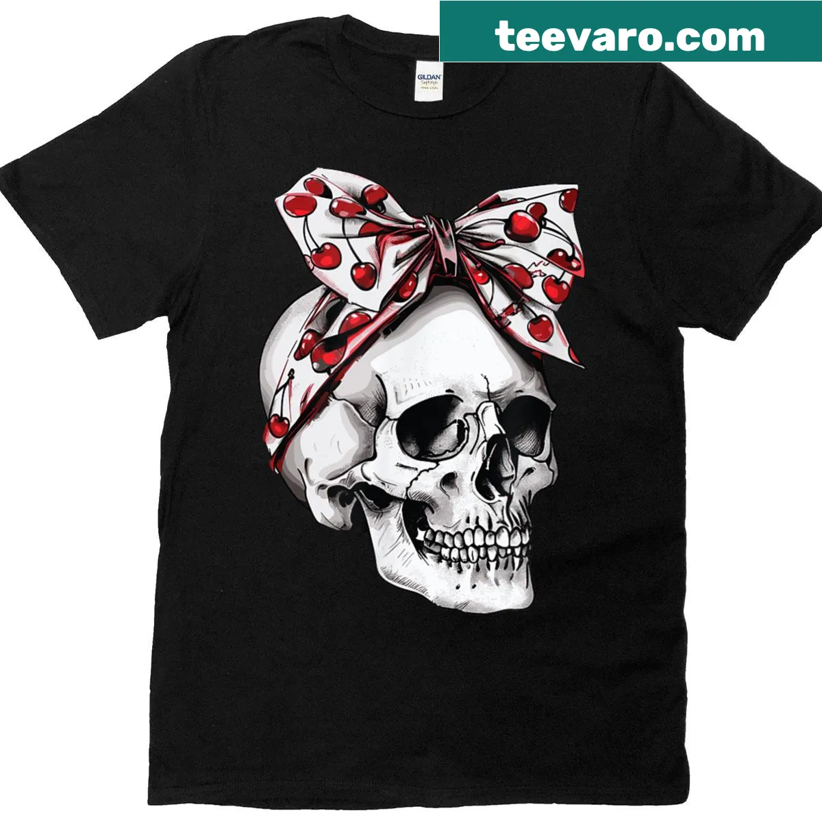 Halloween-themed skull with bows graphic on a T-shirt — on a men's t-shirt