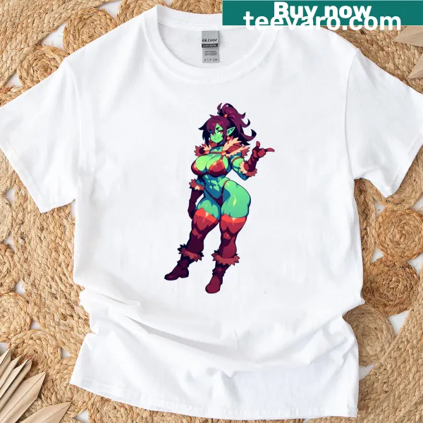 Illustration of a smiling orc queen in armor on a T-shirt