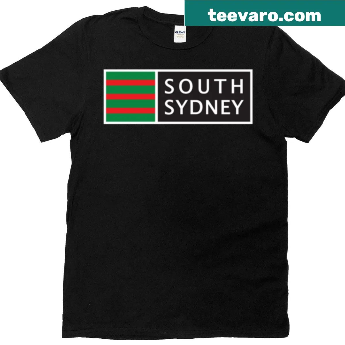 T-shirt featuring South Sydney Apparels logo and merchandise graphics — on a men's t-shirt