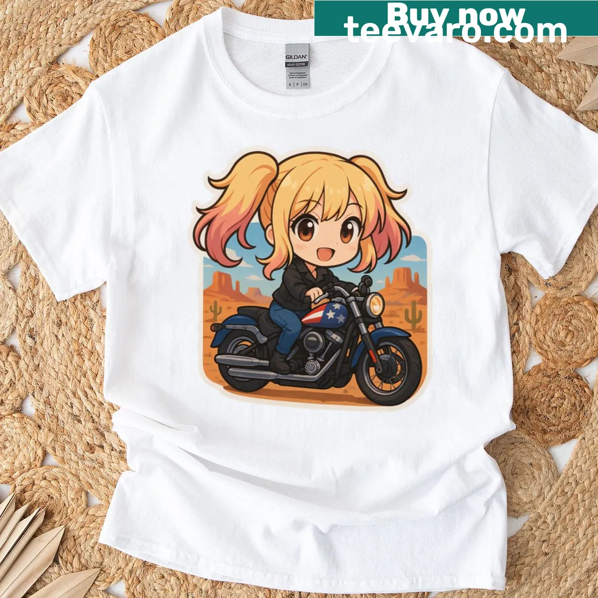 Vintage-style T-shirt of a biker girl with stars and stripes — on a men's t-shirt