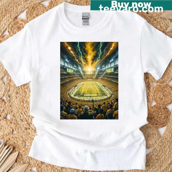 Vibrant Green Bay Packers celebration t-shirt with football graphics