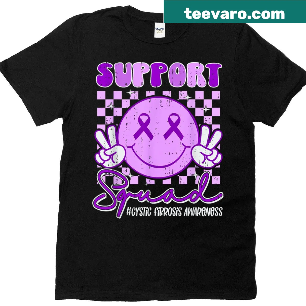 T-shirt with a smiley design and purple ribbon for cystic fibrosis awareness — on a men's t-shirt