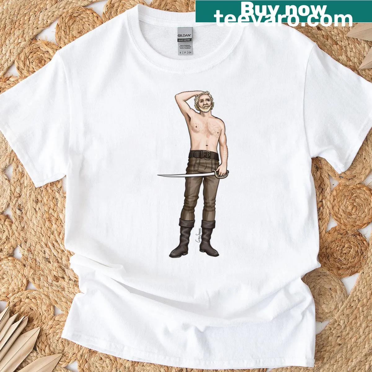 Illustrated T-shirt featuring a character with a sword — on a men's t-shirt