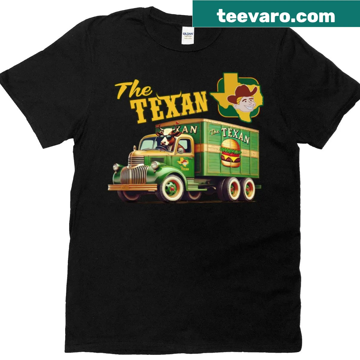 T-shirt with an illustration of a Texan food delivery truck — on a men's t-shirt