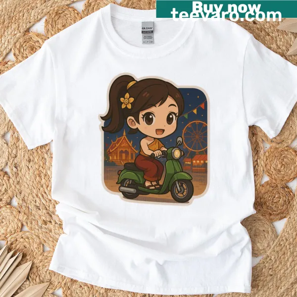 Illustration of a girl in Thai attire riding on a T-shirt