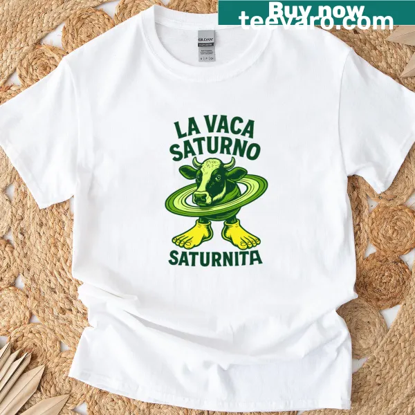Cartoon cow design themed after Saturn on a T-shirt