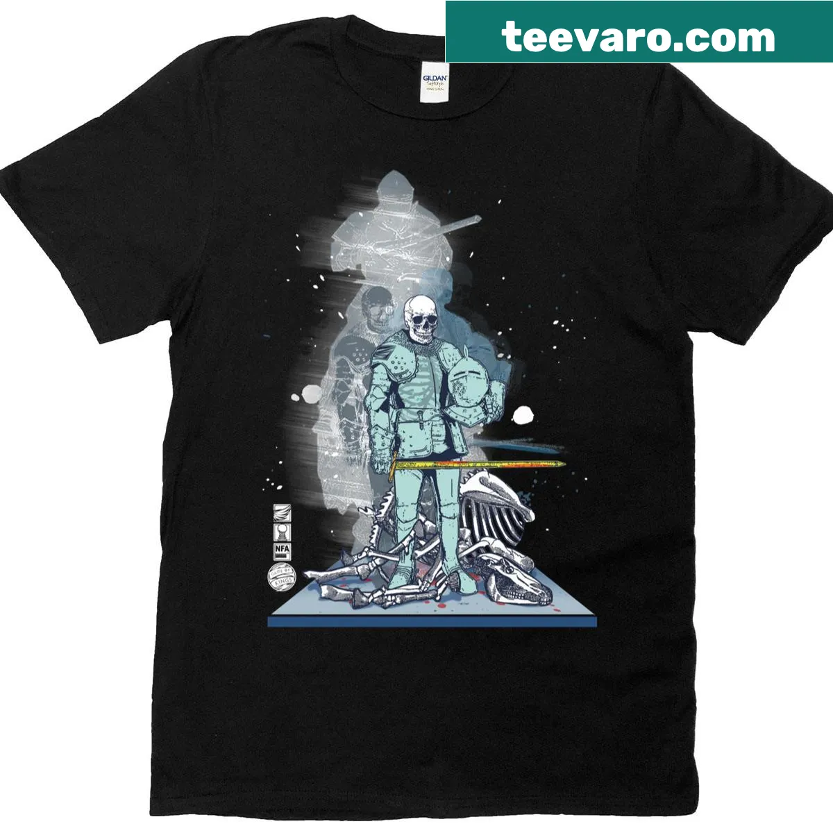 Fitted T-shirt featuring illustrations of chess pieces from 'The Game of Kings'. — on a men's t-shirt