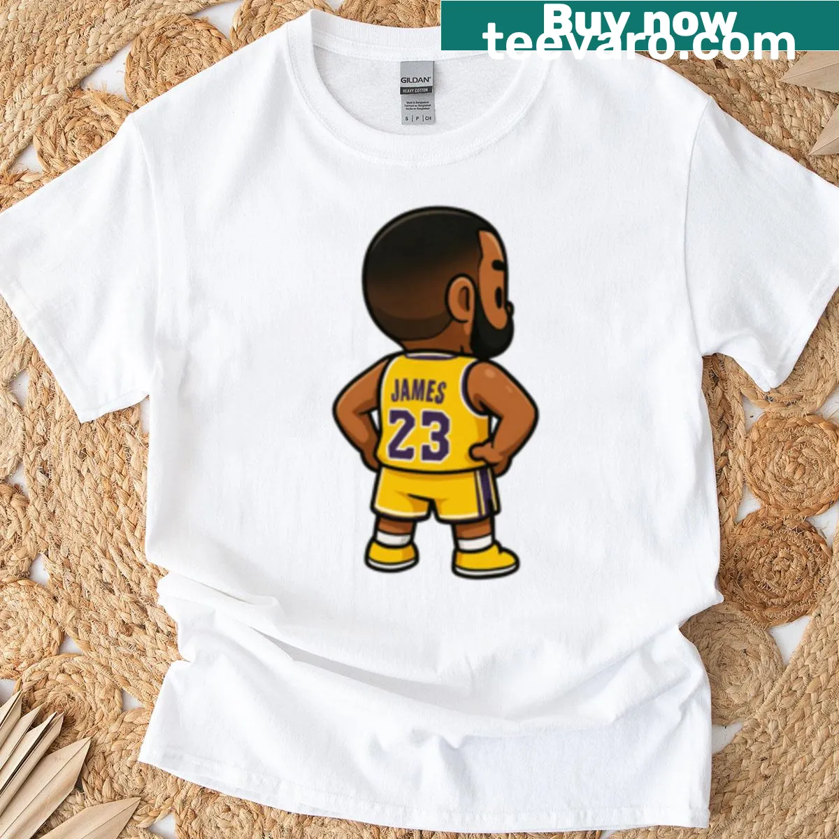 Chibi-style LeBron James sticker graphic on a T-shirt — on a men's t-shirt