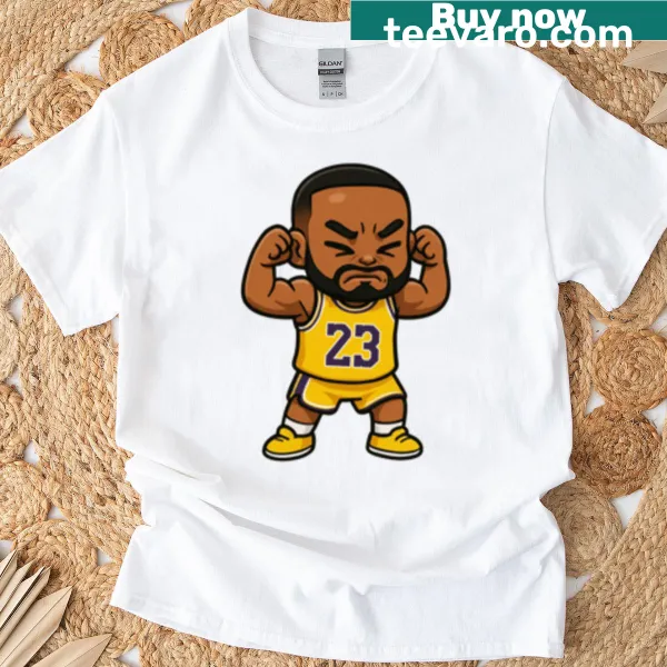 Chibi illustration of LeBron James in a winning pose on a T-shirt